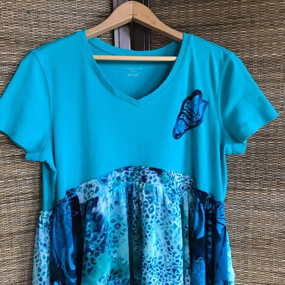 Boho Upcycled Patchwork Midi Dress, Size M: Teal Blue Ocean Print Beach Dress - Picture 13 of 15